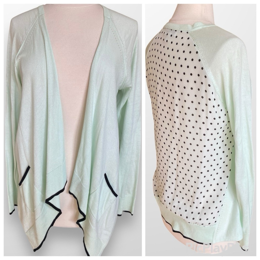 Elle Woman's Large Cardigan Sweater Top Mint Green Black Polka Dot Draped